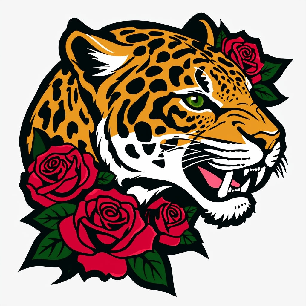 Vibrant Jaguar Tattoo Art with Roses Illustration Mug