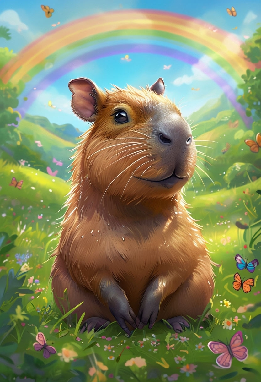 Cheerful Capybara Under Rainbow in Lush Meadow Mobile Wallpaper