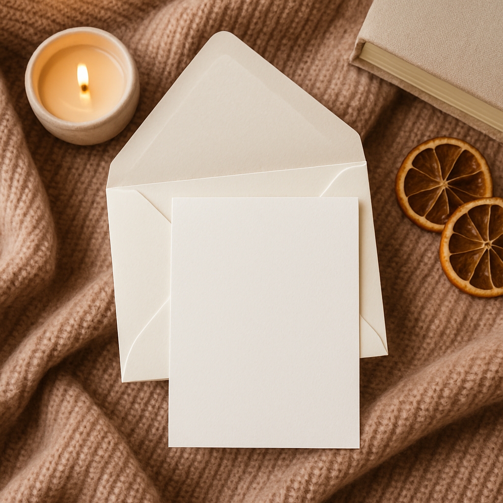 Cozy Still Life Overhead Composition with Envelope and Candle Mockup