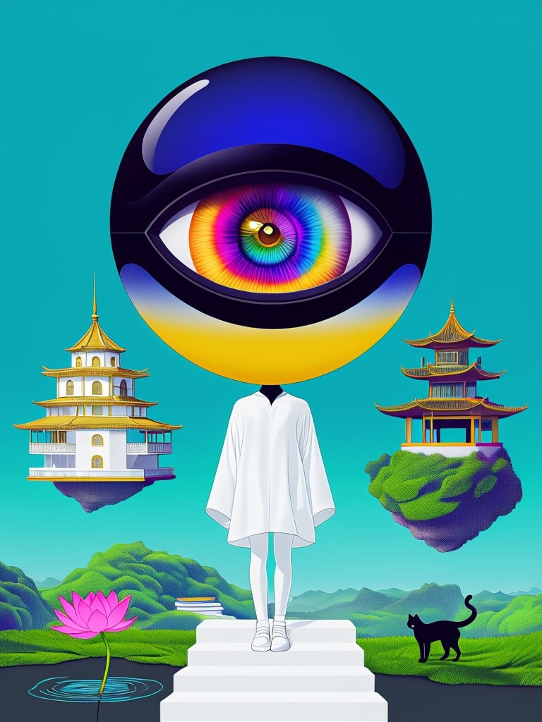 Surreal Whimsical Bridge with Colorful Eye and Lotus Flower Art