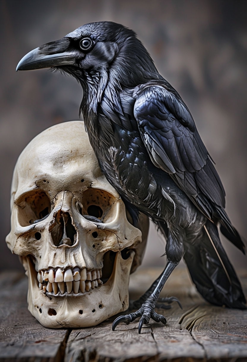 Striking Black Crow and Human Skull Close-Up Art Poster