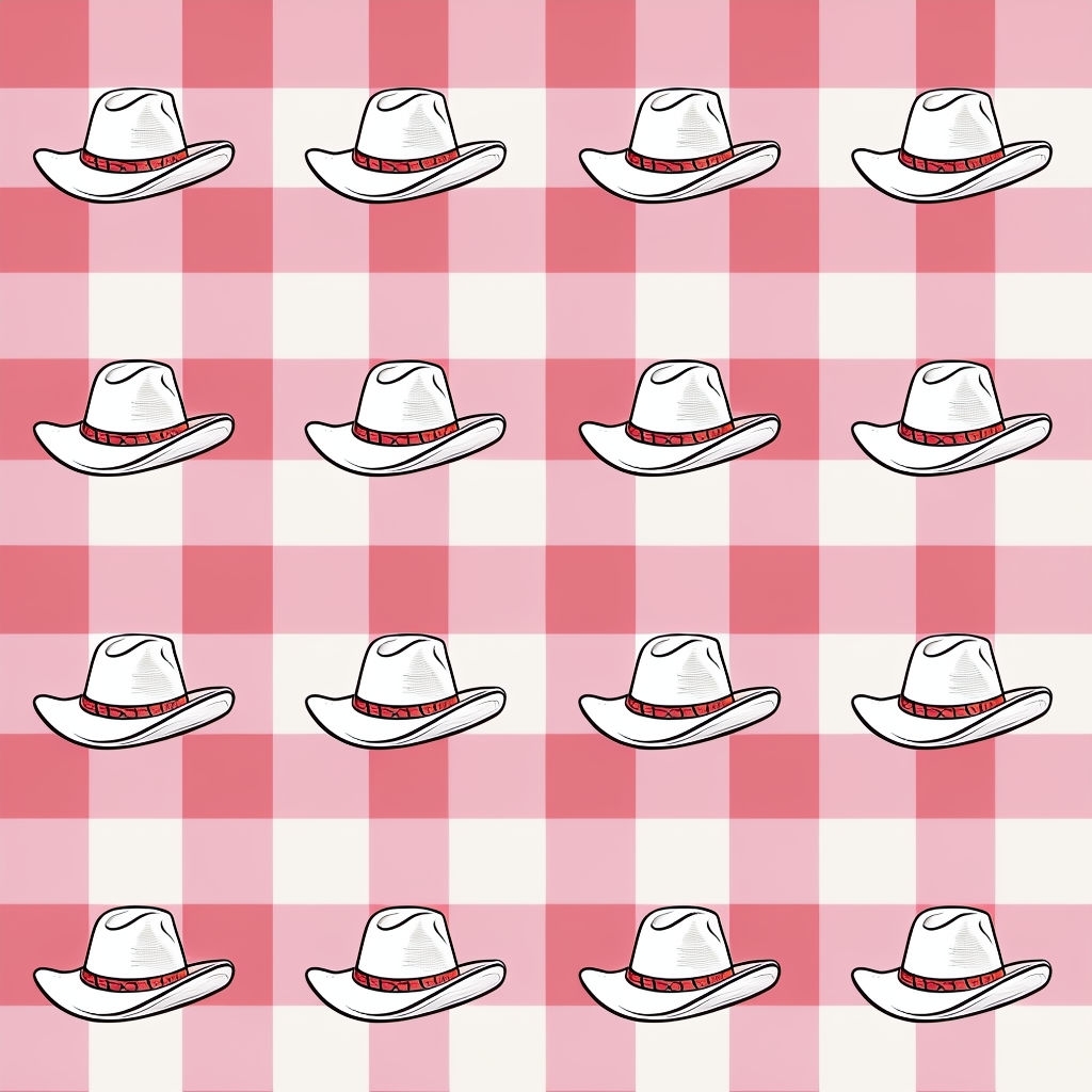 White Cowboy Hats on Red Plaid Checkerboard Seamless Pattern