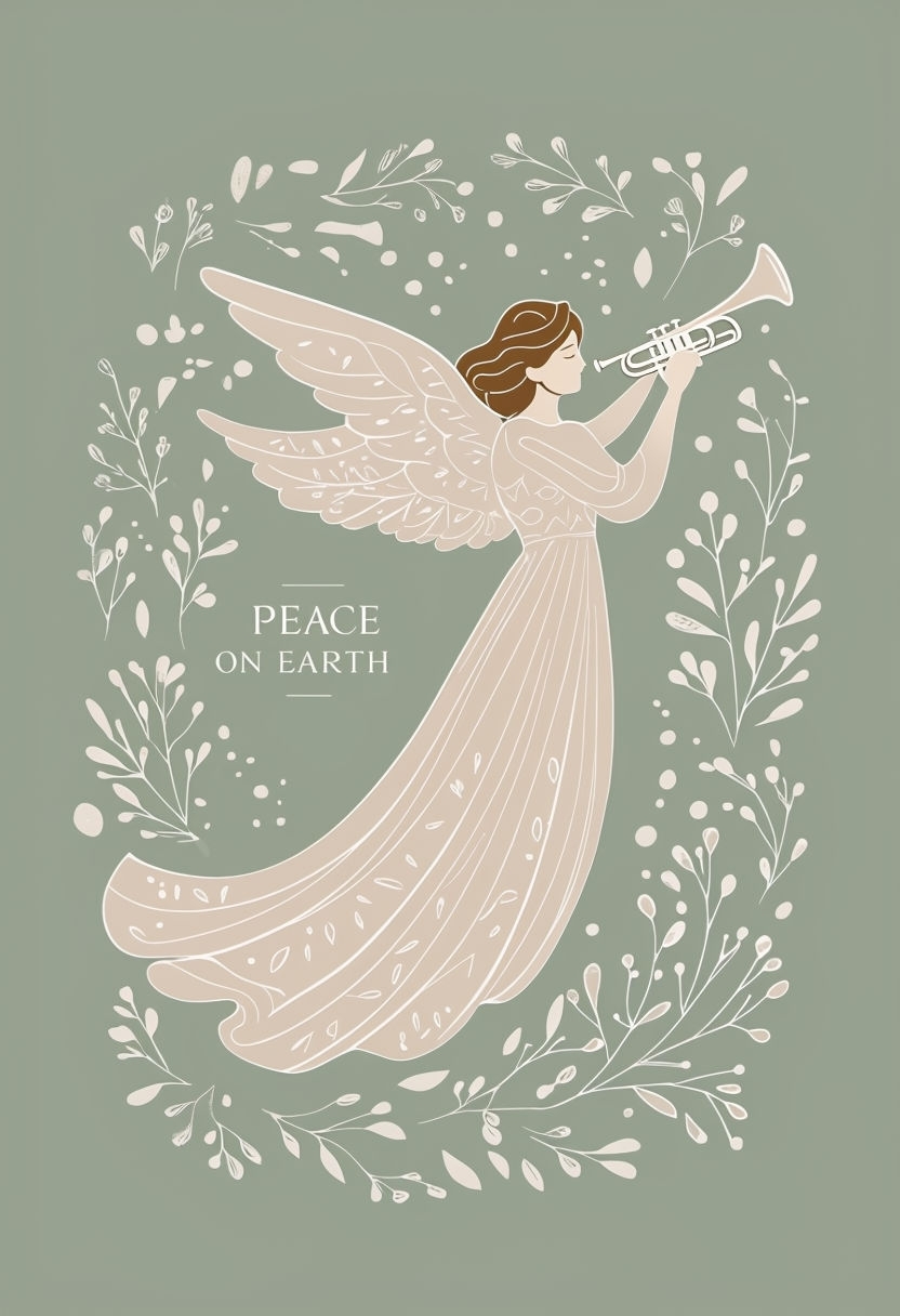 Serene Angel with Trumpet Peace on Earth Christmas Card