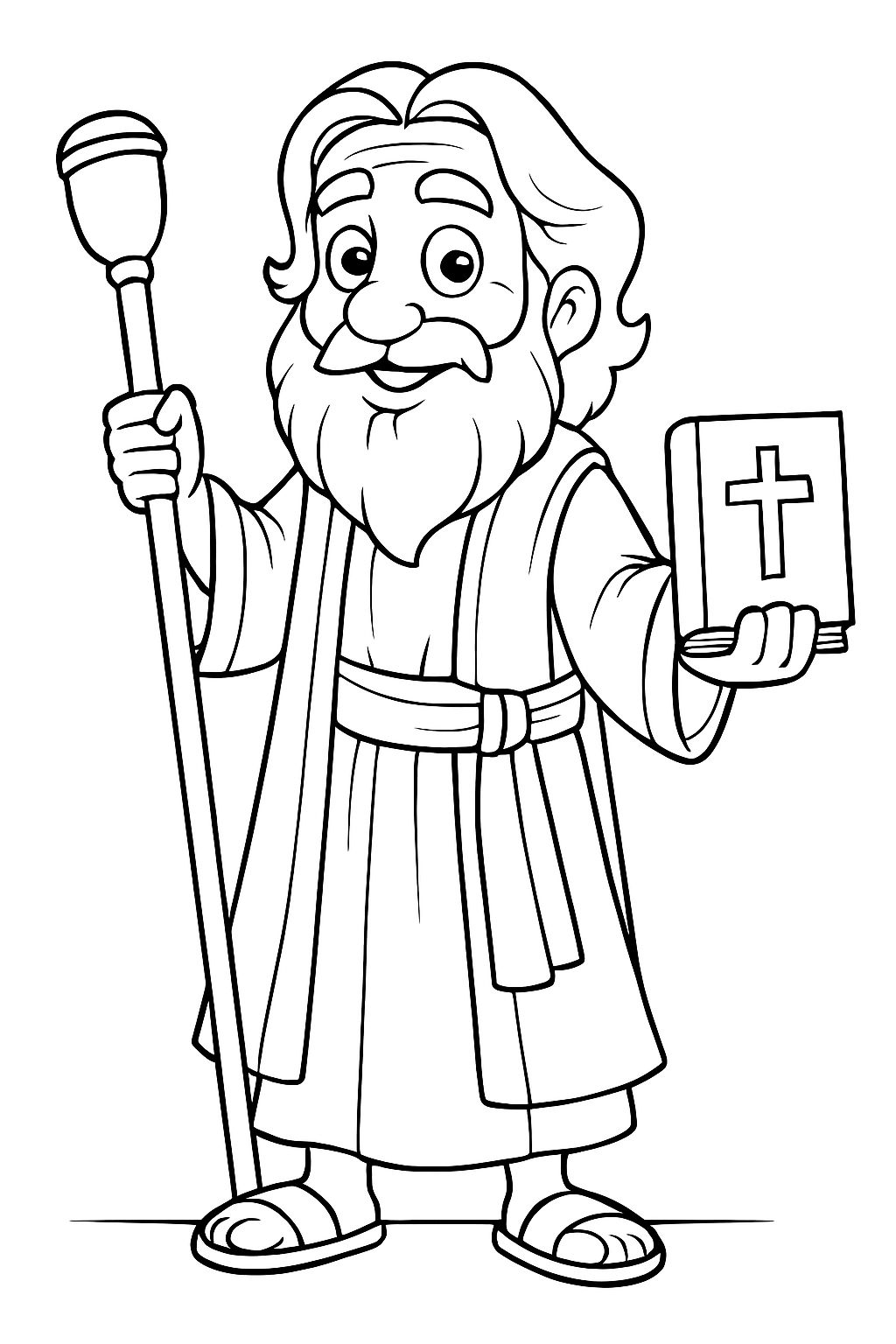 Elderly Man with Bible and Staff Cartoon Illustration Coloring Book Pages