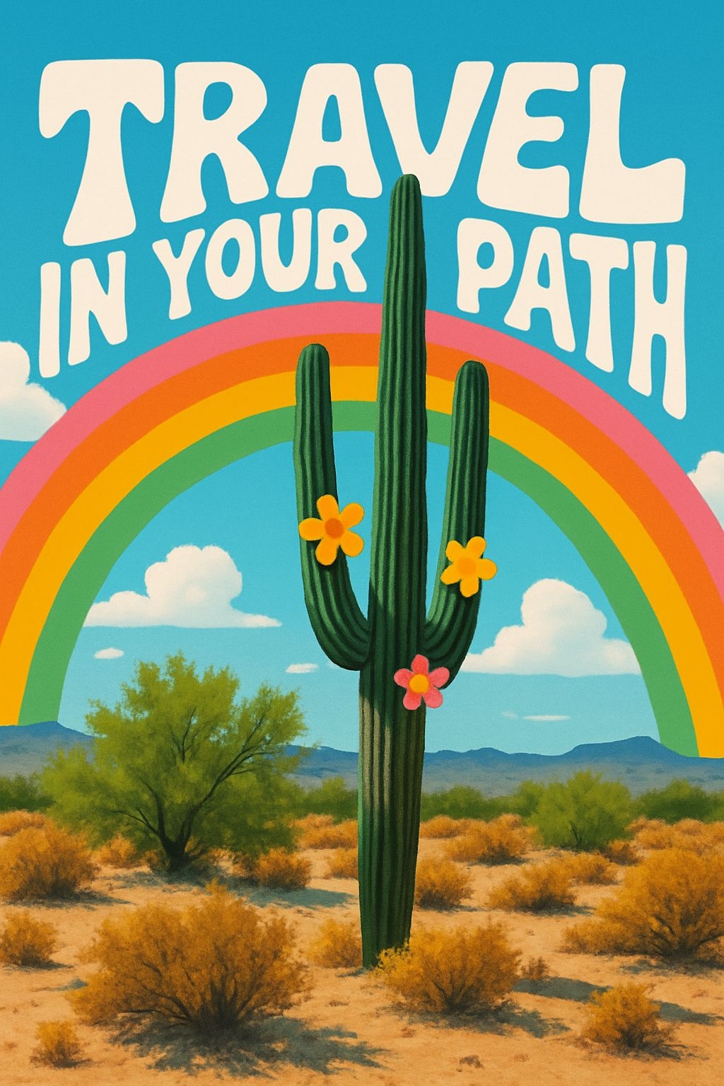Vibrant Retro Saguaro Cactus with Rainbow Travel Poster