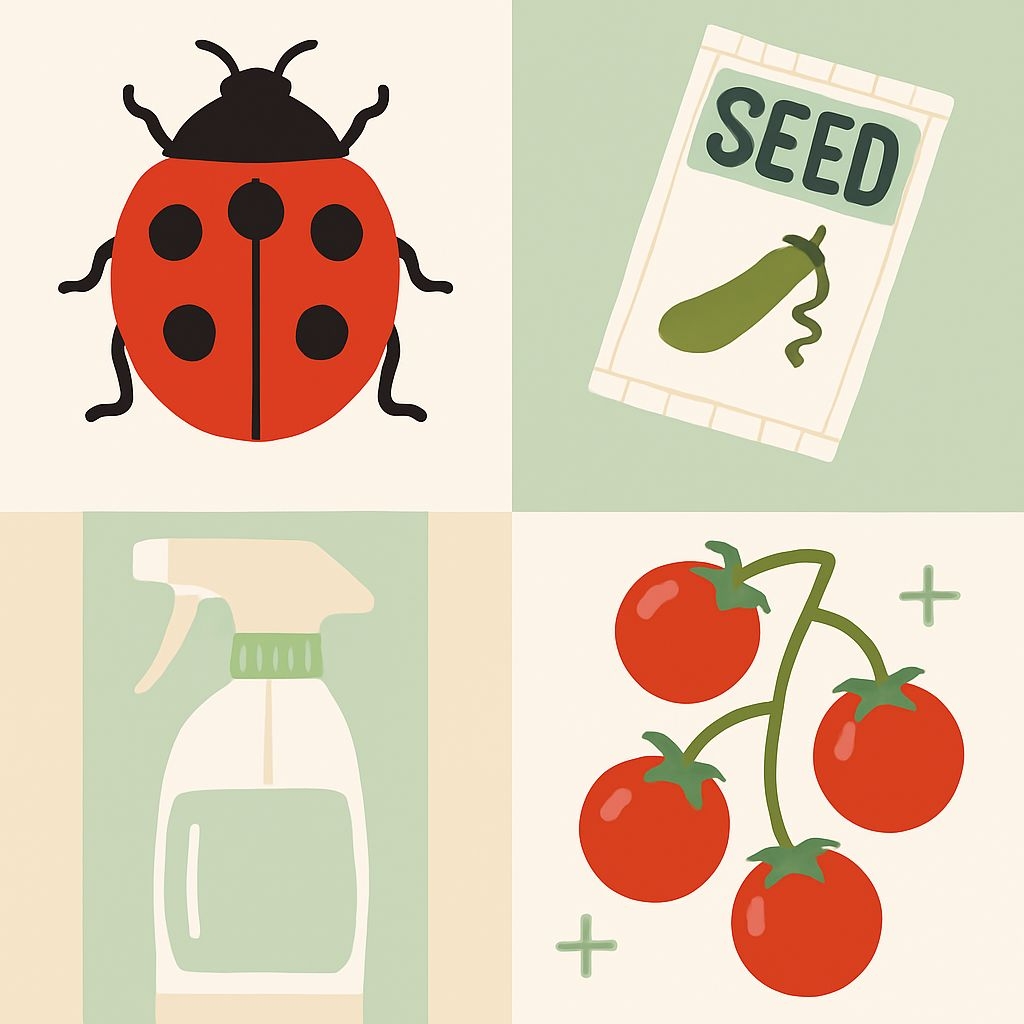 Minimalist Gardening Themed Illustration with Ladybug and Tomatoes Seamless Pattern