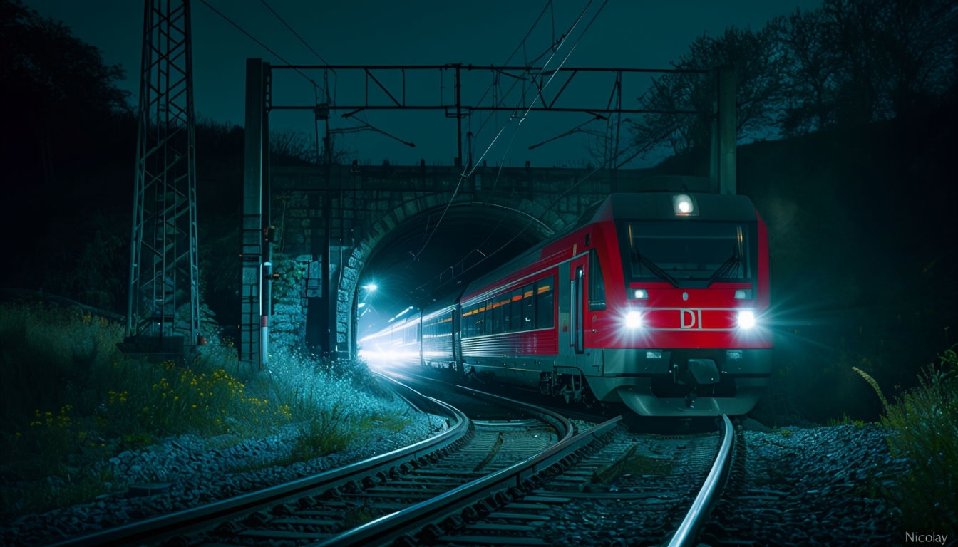 Dramatic Night Train Emerging from Tunnel Virtual Background