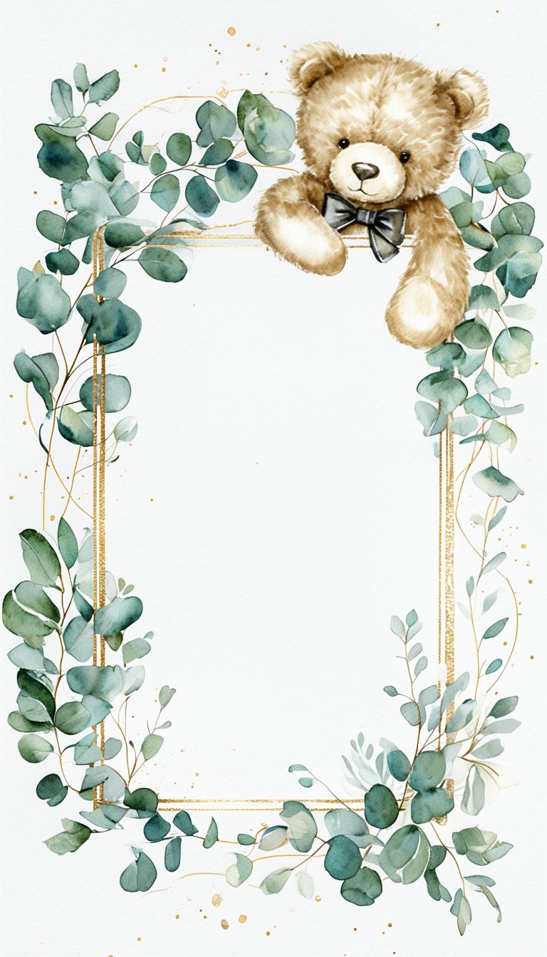 Elegant Teddy Bear in Gold Frame with Eucalyptus Leaves Social Media Post