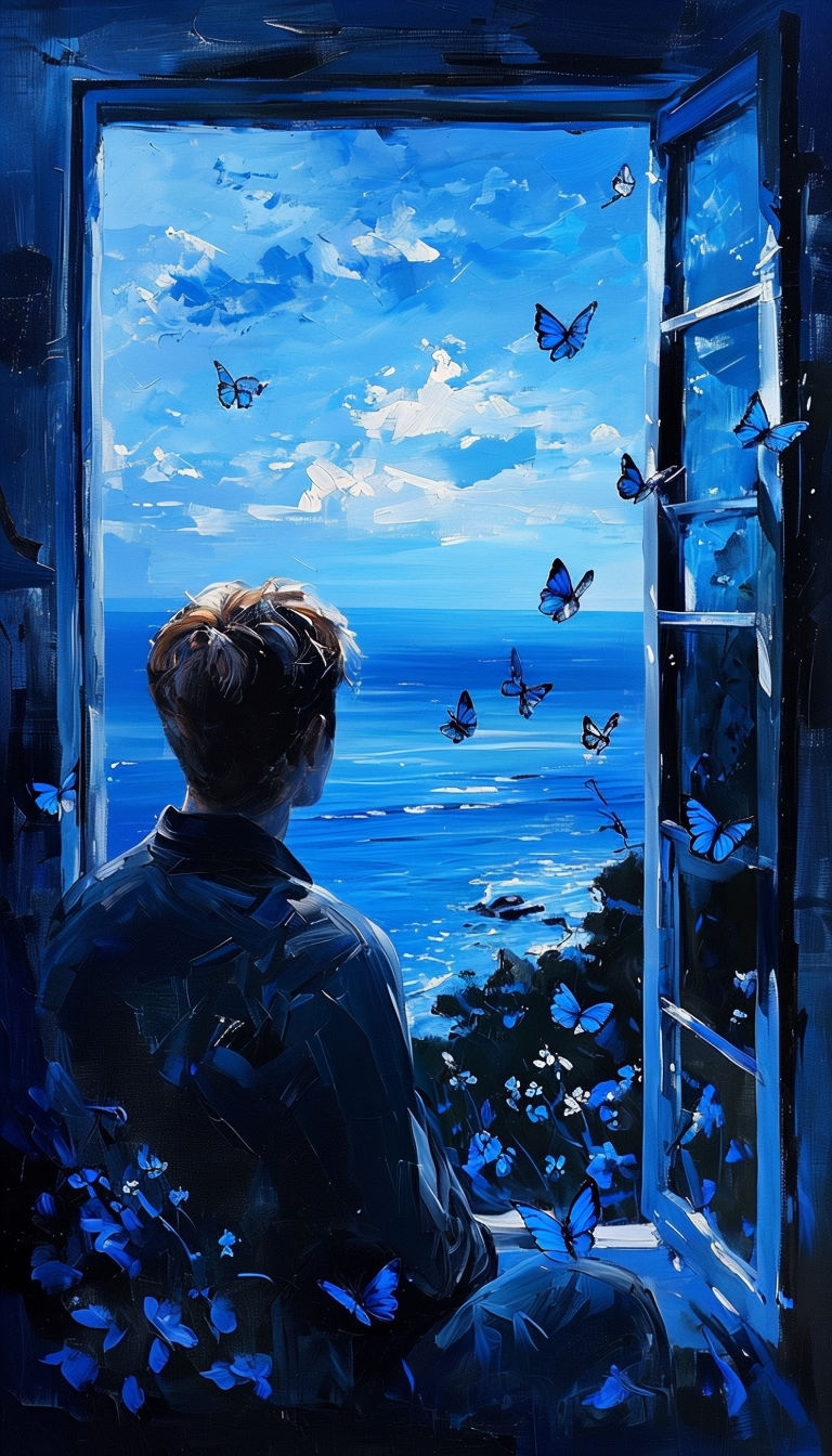 Contemplative Open Window Scene with Butterflies and Ocean Mobile Wallpaper
