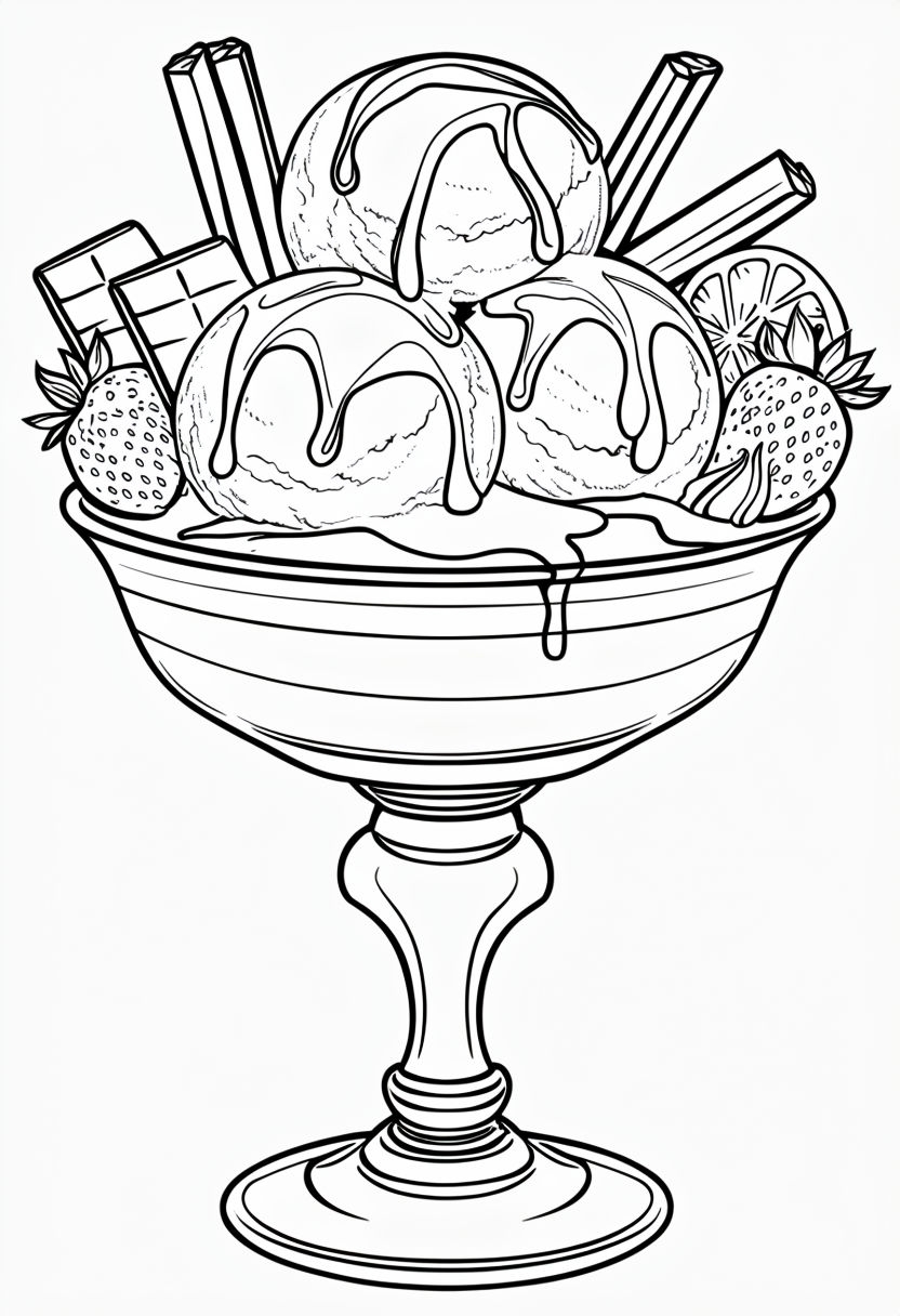 Elegant Black and White Ice Cream Sundae Coloring Page