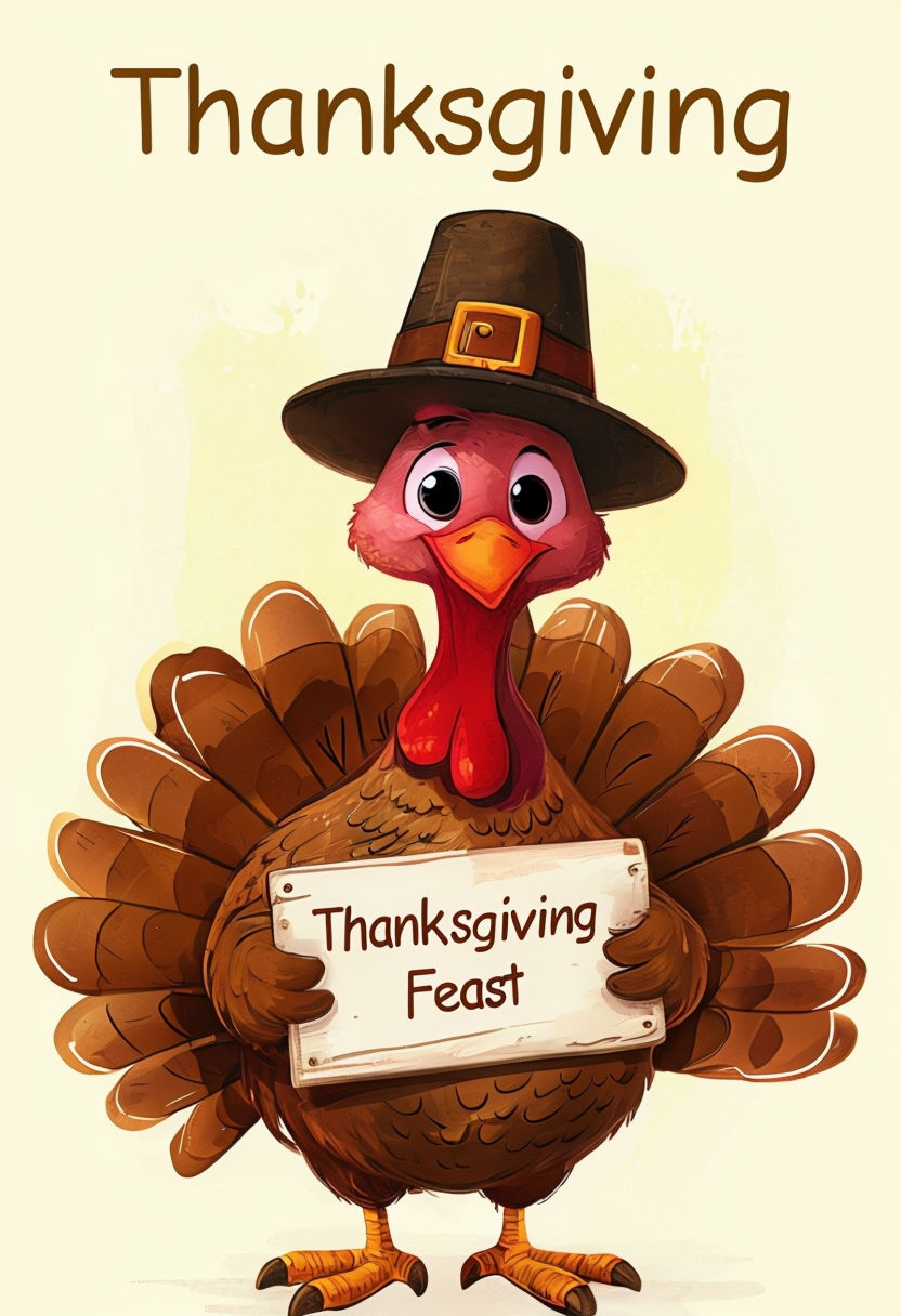 Whimsical Thanksgiving Turkey Character with Feast Sign Poster