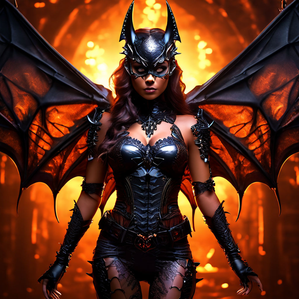 Black and beautiful Demon Queen Demi Sutra showing off her big bat wings.