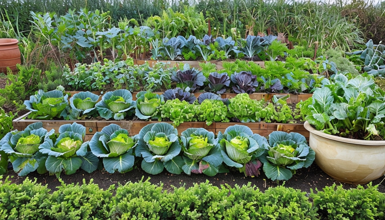 Lush Vegetable Garden with Raised Beds and Vibrant Foliage Virtual Background