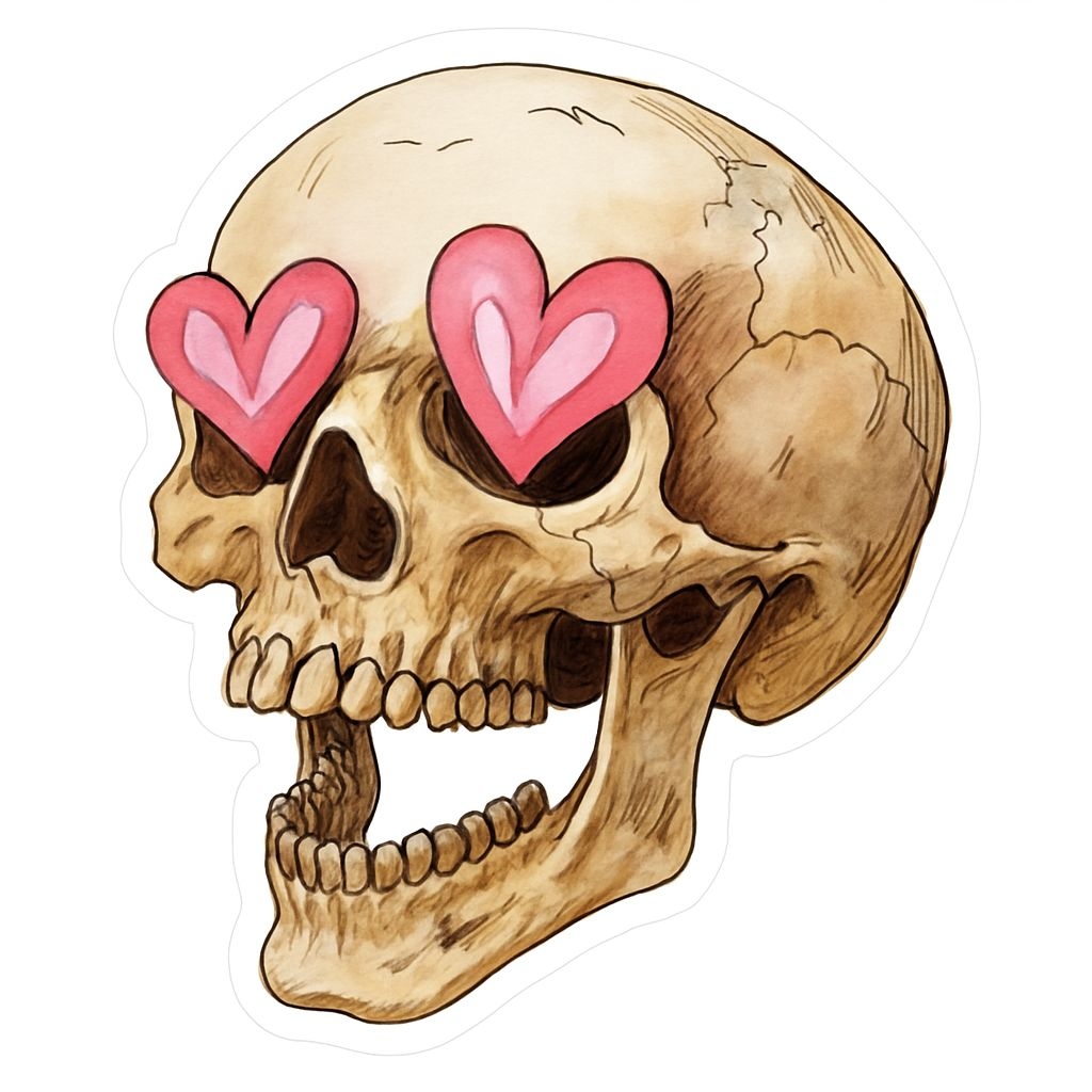 Whimsical Watercolor Skull with Pink Hearts Sticker