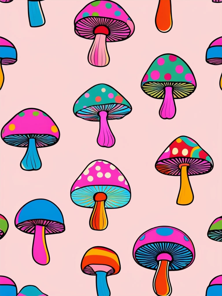 Vibrant Retro Mushroom Pattern on Pale Pink Background Mobile Wallpaper