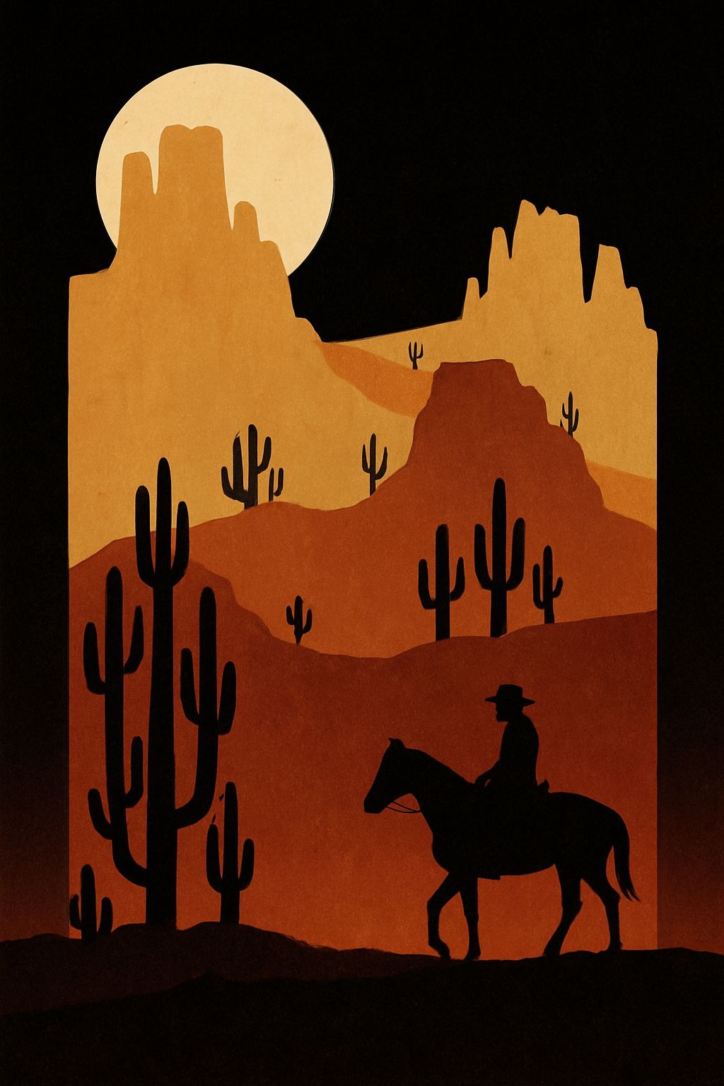 Serene Desert Cowboy Silhouette Under Full Moon Poster