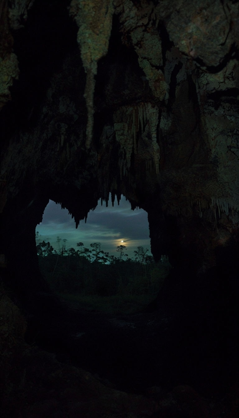 Eerie Nighttime Cave Scene in Mysterious Forest Mobile Wallpaper