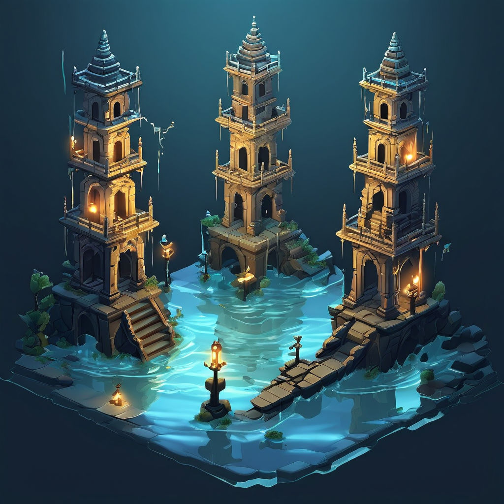 Isometric level design with towers in a water flooded enviro... by ...