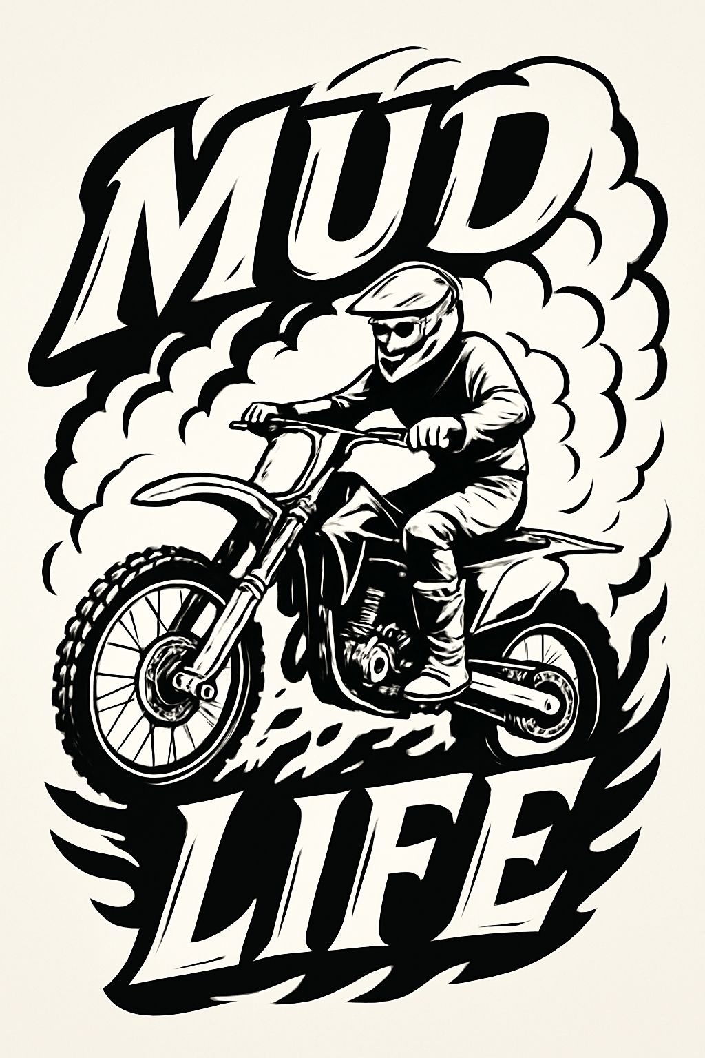 Dynamic Black and White Motocross Rider MUD LIFE T-shirt
