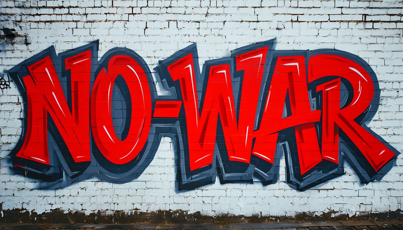 Vivid No-War Graffiti Mural on Brick Wall Background Virtual Backgrounds
