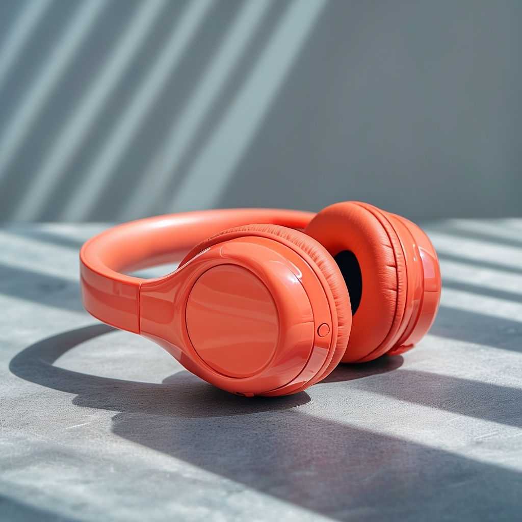 Vibrant Coral Headphones on Gray Surface Art