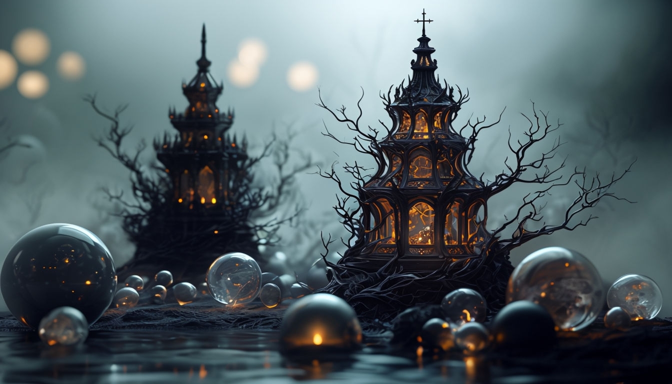 Eerie Gothic Fantasy Scene with Illuminated Structures Background