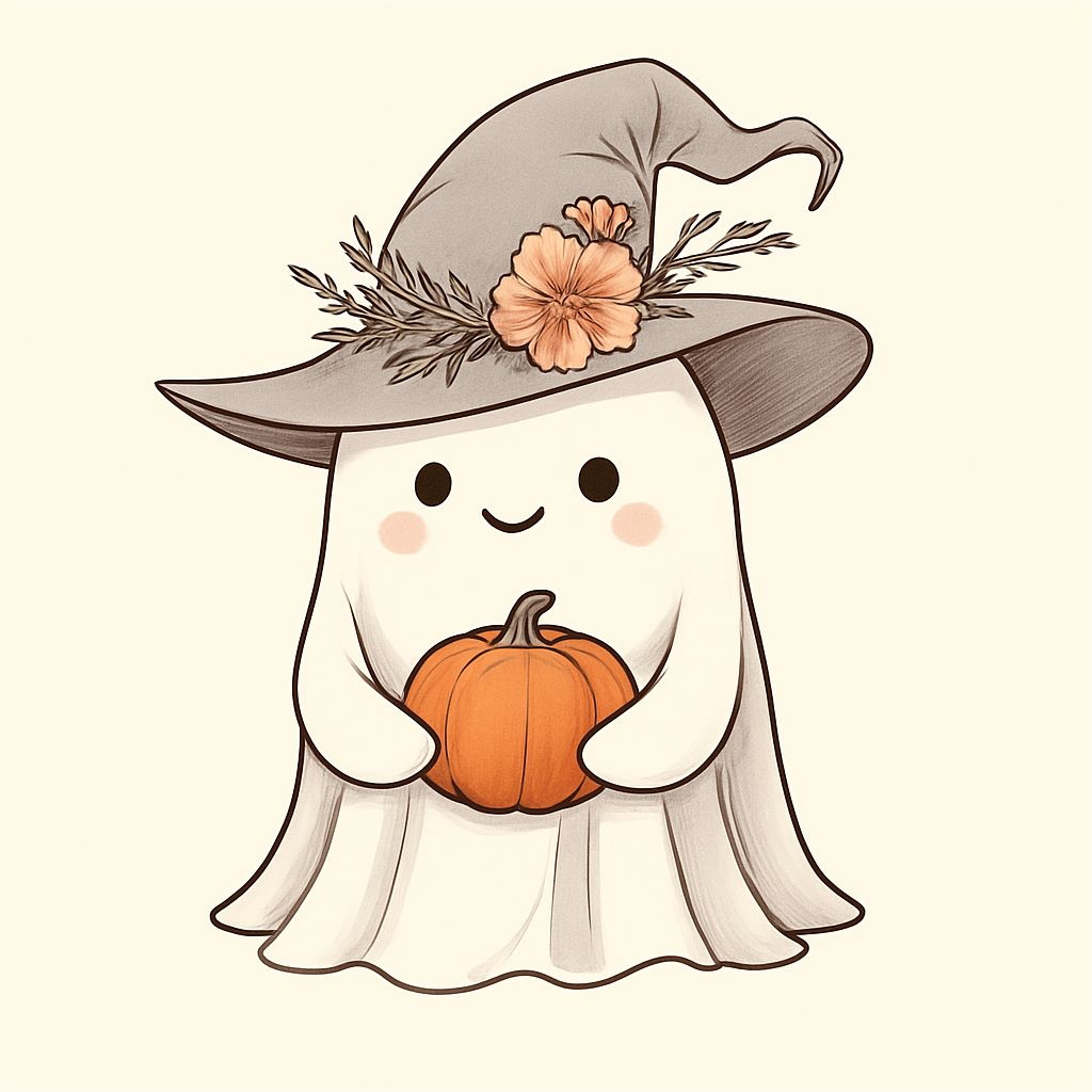 Cheerful Cartoon Ghost with Pumpkin and Witch Hat Sticker