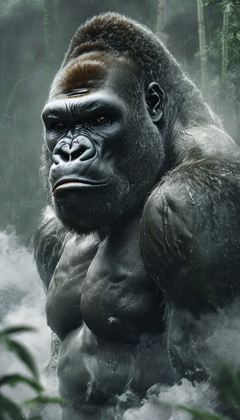 Majestic Gorilla in Misty Jungle Digital Art Mobile Wallpaper