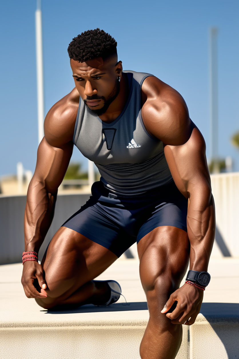 Dark-skinned muscular male stands as the center point