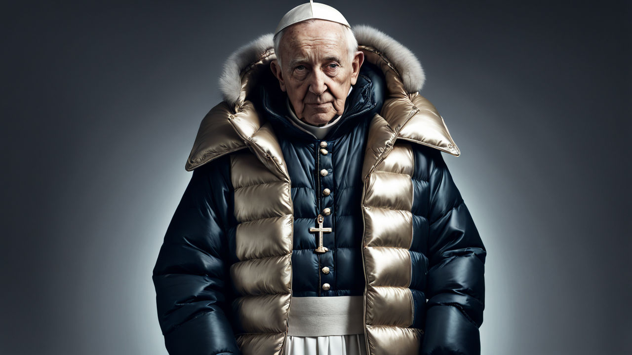 Pope in trapstar puffer jacket Playground