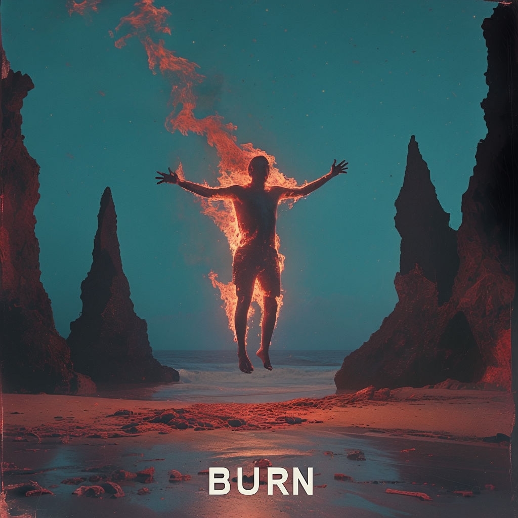 Surreal Burning Figure in Twilight Sky Artwork for Spotify Album Cover
