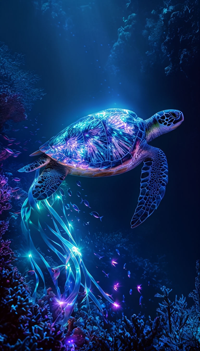 Ethereal Bioluminescent Sea Turtle Underwater Fantasy Mobile Wallpaper
