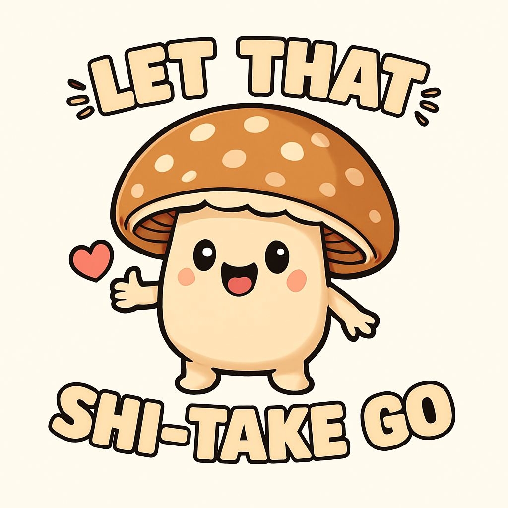Cheerful Kawaii Mushroom with Heart and Let That Shi-Take Go Sticker