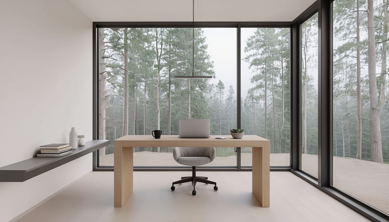 Minimalist Modern Home Office with Forest View Virtual Backgrounds