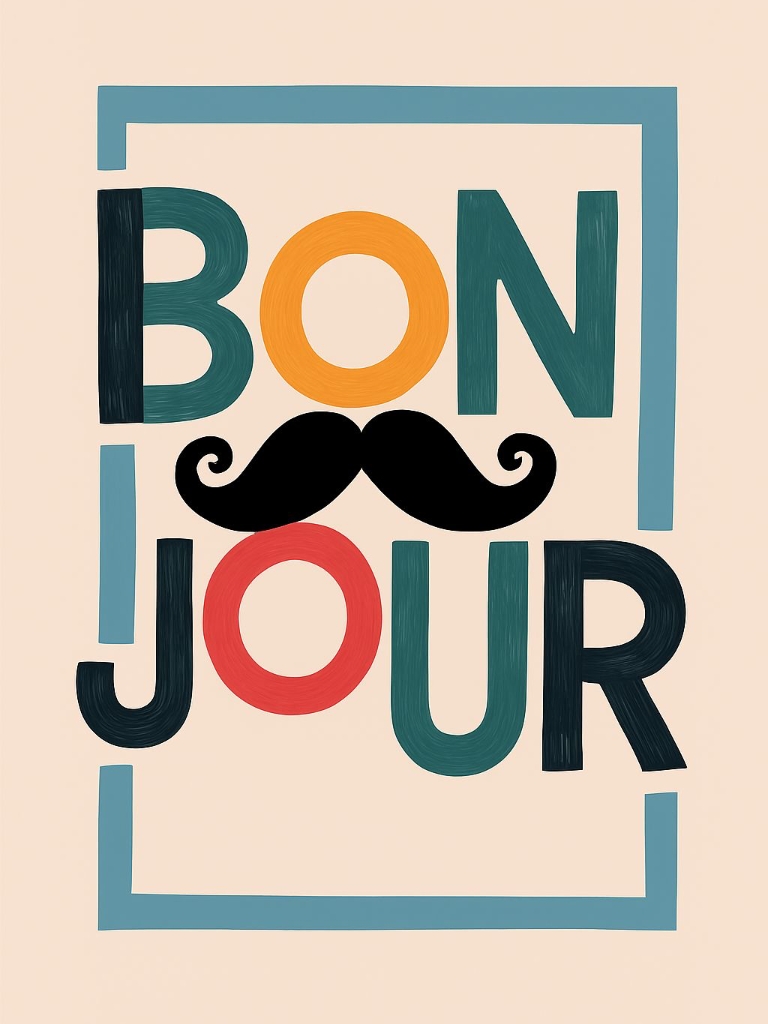 Playful BON JOUR Greeting with Mustache Graphic Design Poster