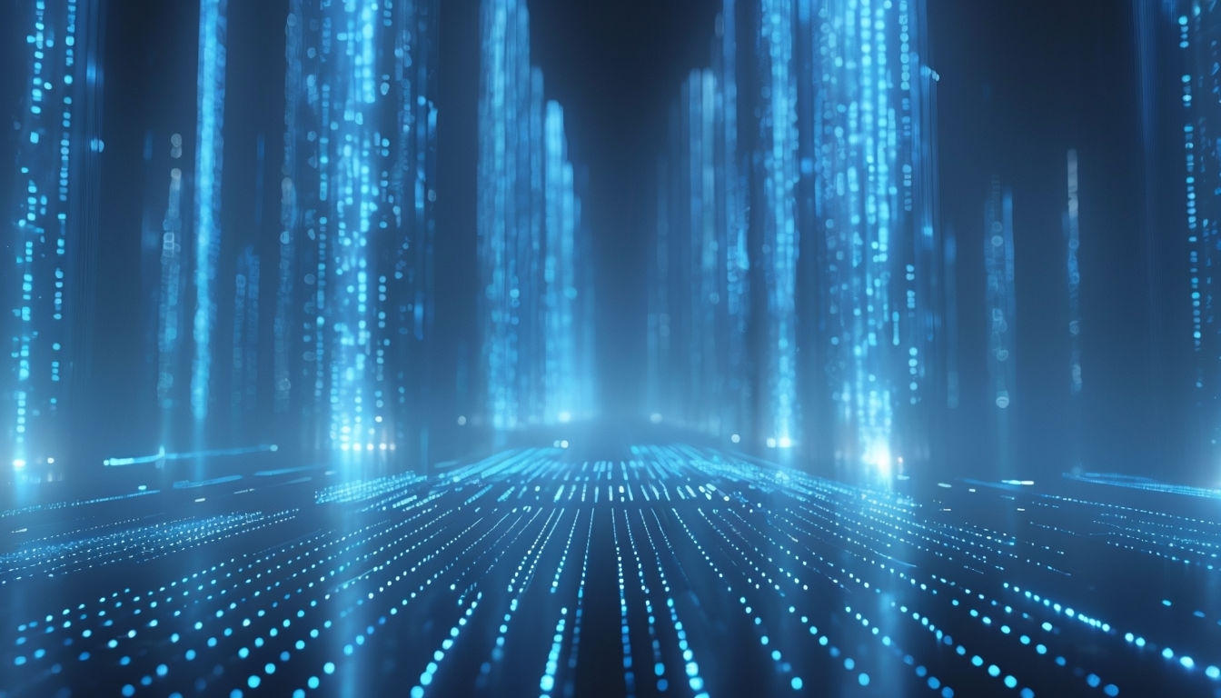 Futuristic Cybernetic Cityscape with Blue Data Streams Background