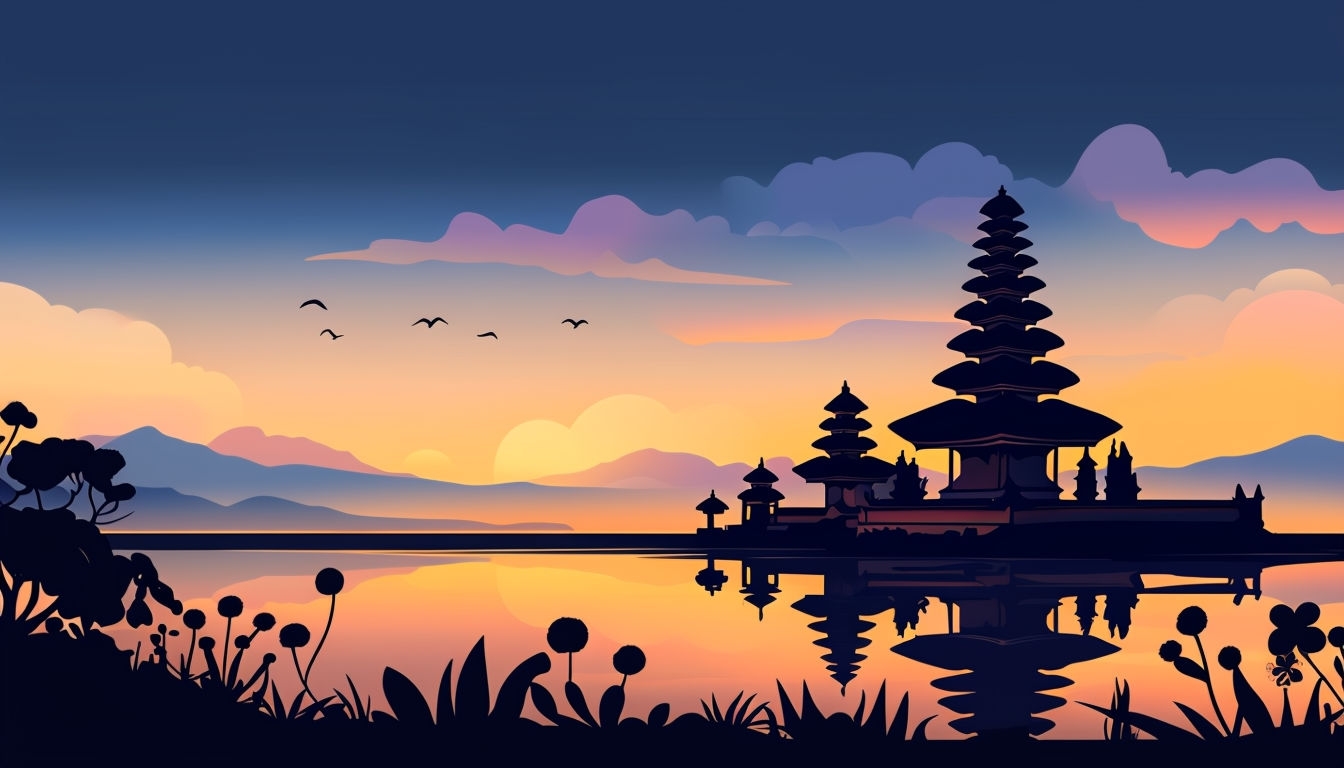 Serene Balinese Temple Sunset Landscape Virtual Background
