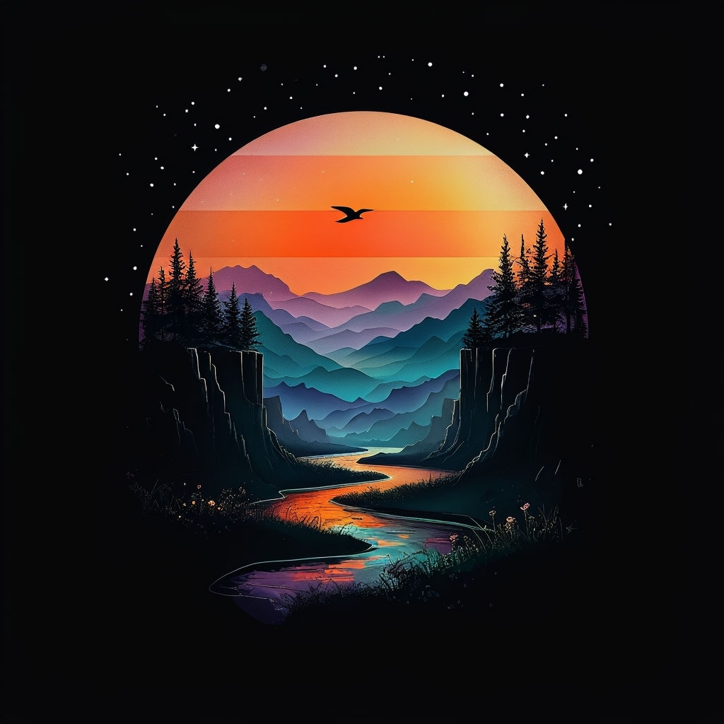 Surreal Vibrant Landscape with Sunset and Stars T-Shirt