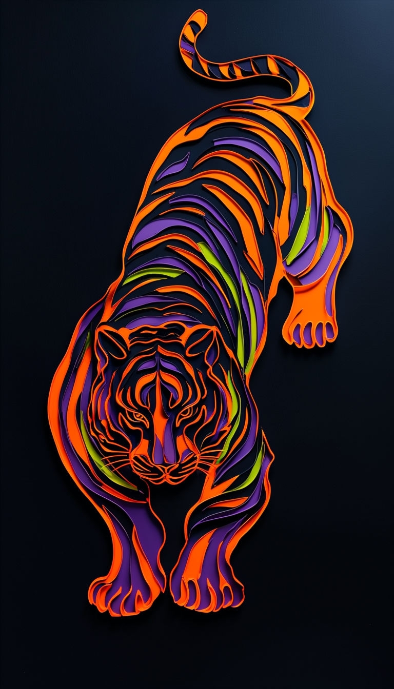 Vibrant Tiger Mid-Prowl Artistic Illustration on Dark Background Mobile Wallpaper