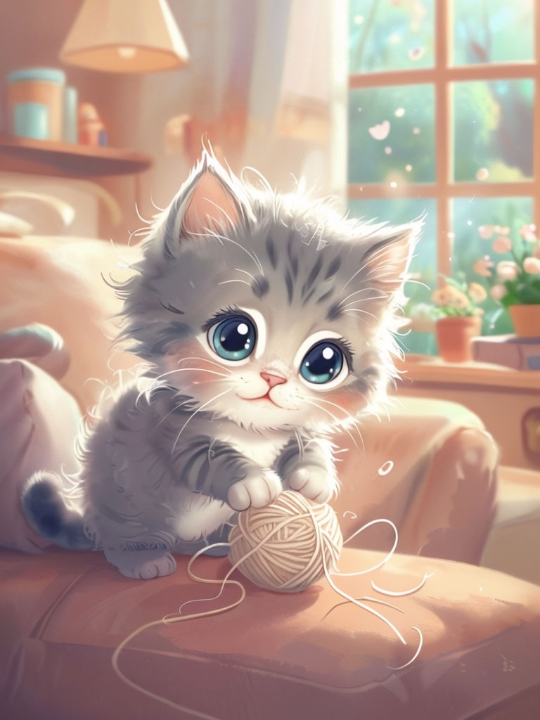 Charming Cartoon Kitten Exploring Cozy Living Room Art