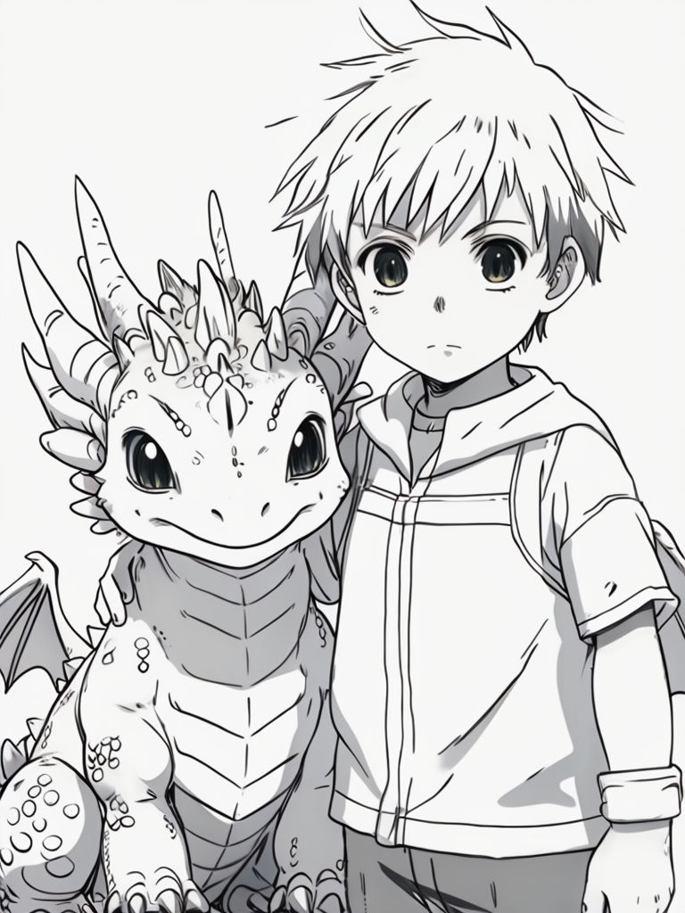 Brave Anime Boy with Cute Dragon Coloring Page