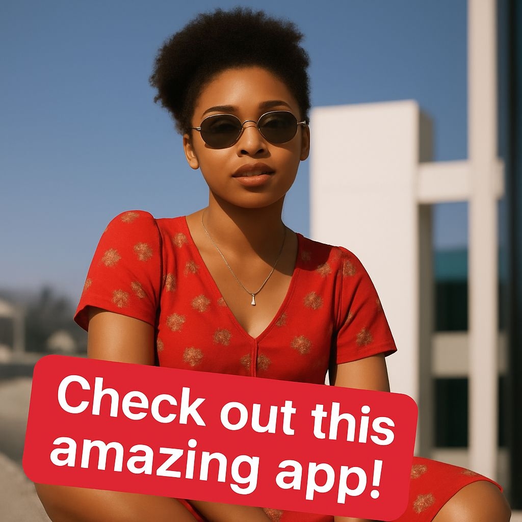 Vibrant Young Woman in Red Dress Promoting an Amazing App Advertisement