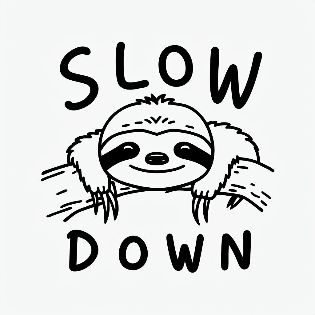 Relaxed Cartoon Sloth with 'Slow Down' Text T-Shirt