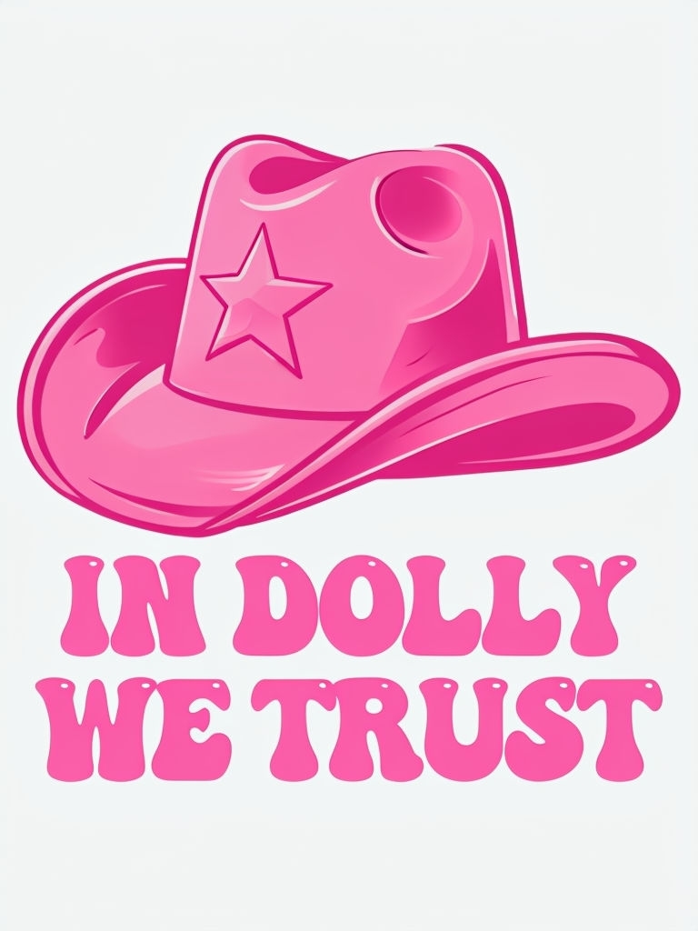 Vibrant Pink Cowboy Hat with 'In Dolly We Trust' Poster