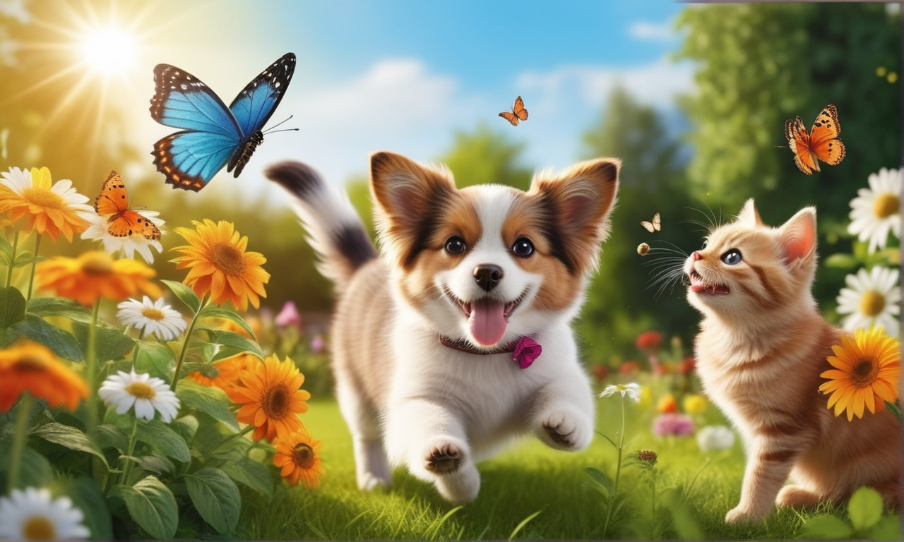 Cute fluffy friends a cat and a dog catch a flying butterfly... by Tài ...