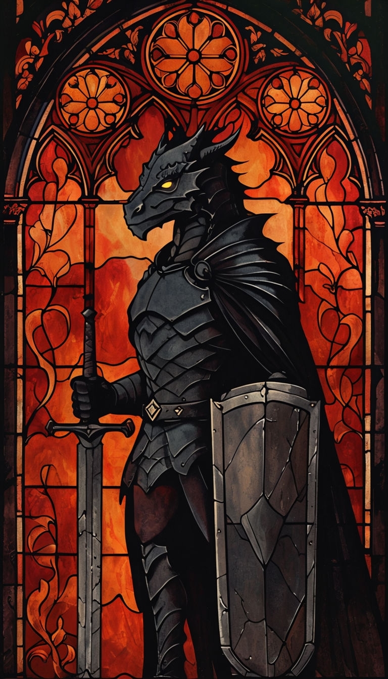 Gothic Dragon Knight Illustration in Fiery Stained Glass Art