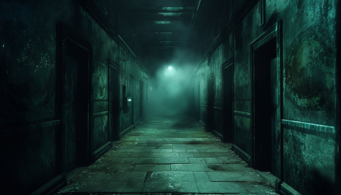 Eerie Dark Hallway with Dim Lighting and Ominous Atmosphere Background
