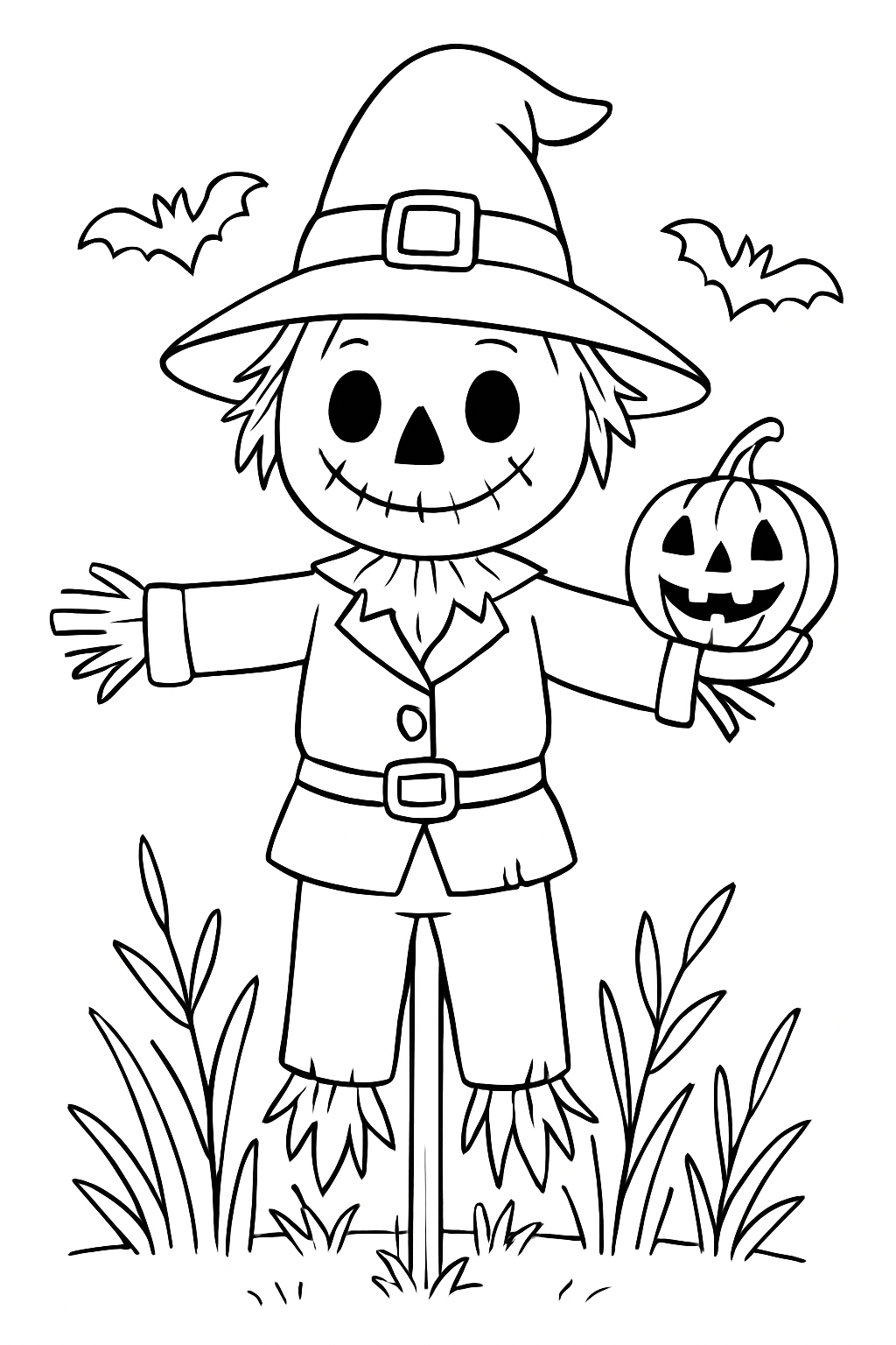 Halloween Scarecrow and Jack-O'-Lantern Coloring Page