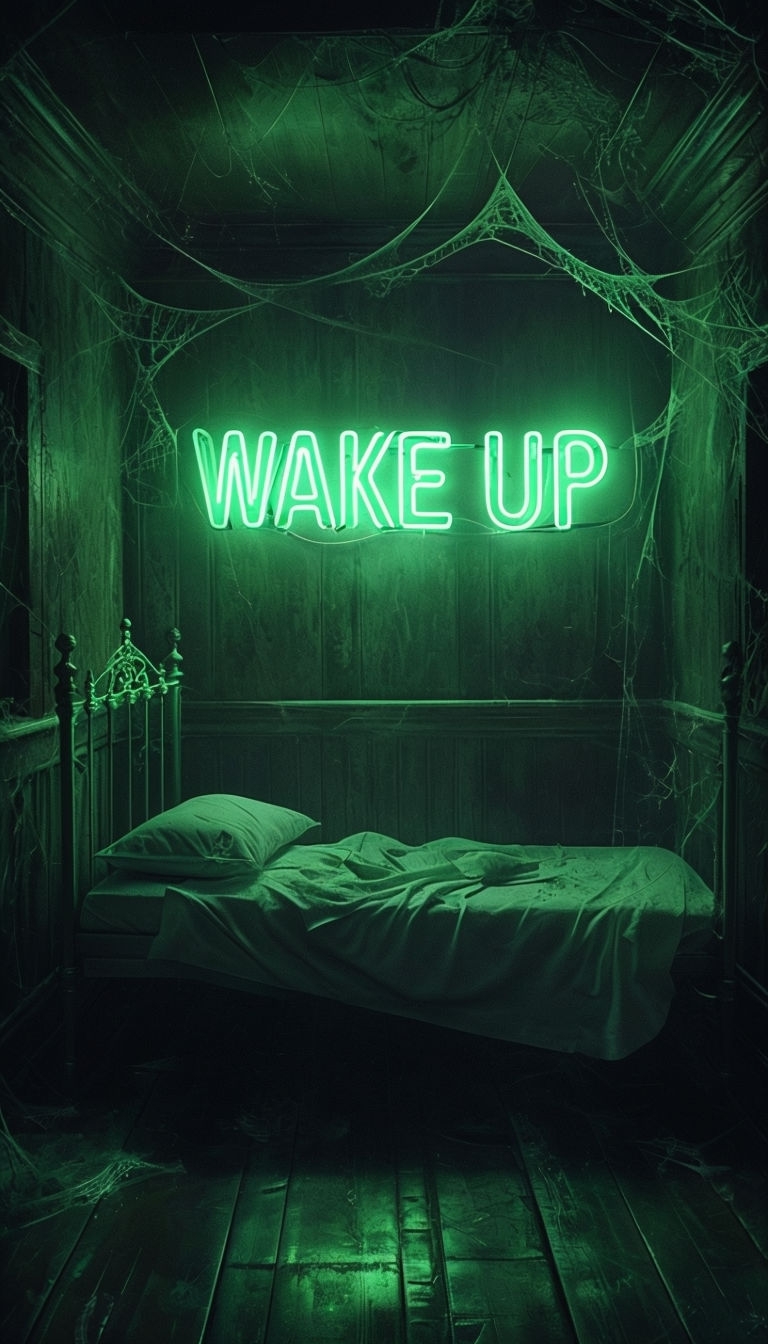 Eerie Green Neon 'Wake Up' Sign in Dimly Lit Room Wallpaper