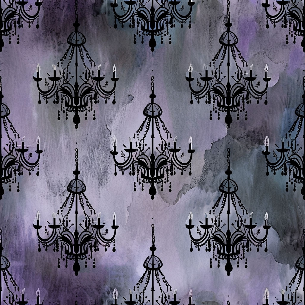 Gothic Chandeliers Seamless Pattern with Dark Purple Background Seamless Patterns